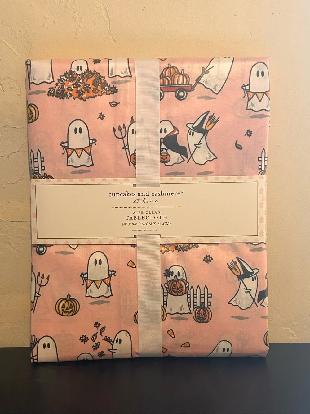 CUPCAKES AND CASHMERE Halloween Pink Ghost Pals Wipe Clean Tablecloth NWTS